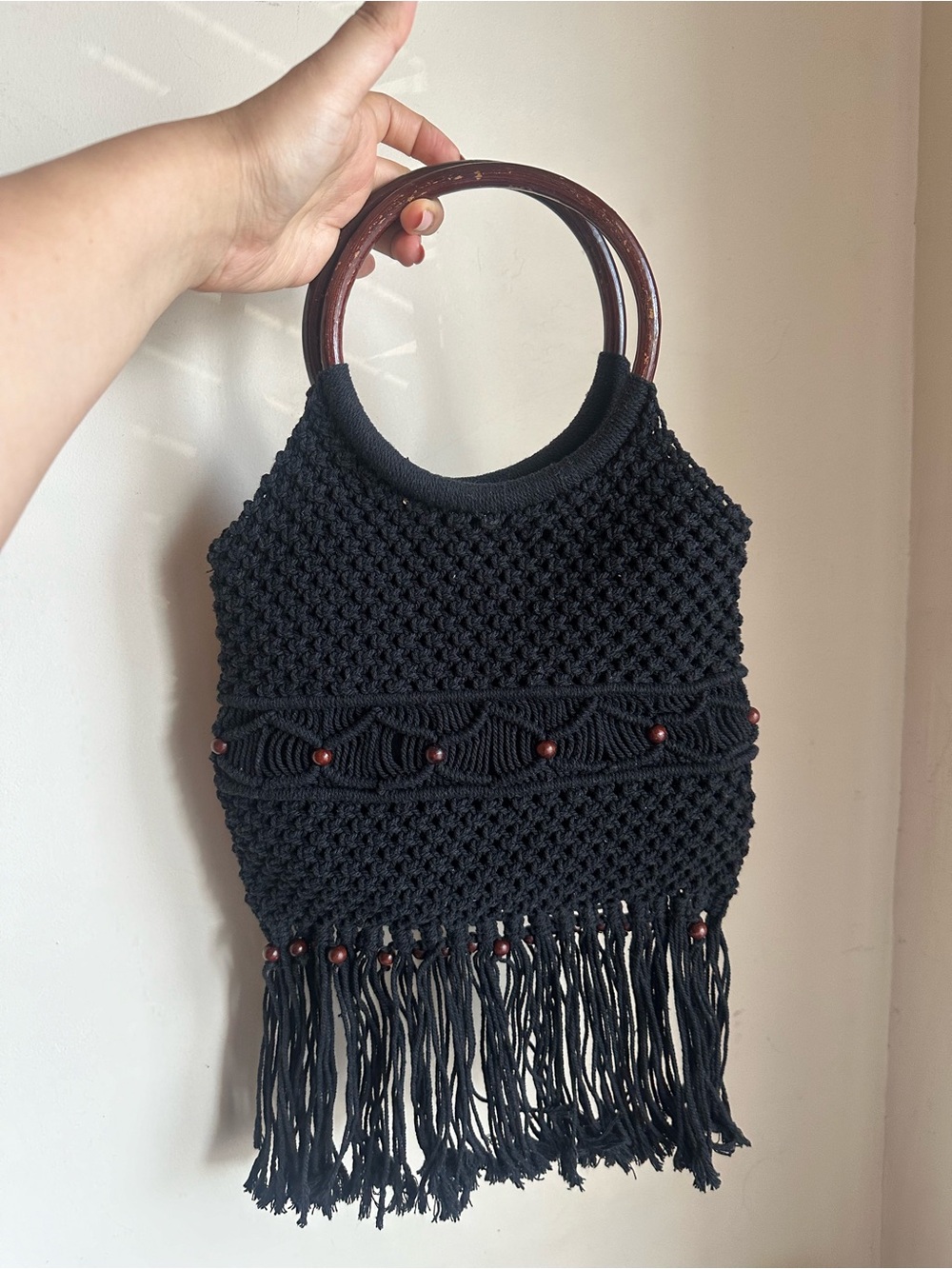Vintage ALDO Black Macramé Fringe Handbag with Wooden Handles & Bead Details NEW
